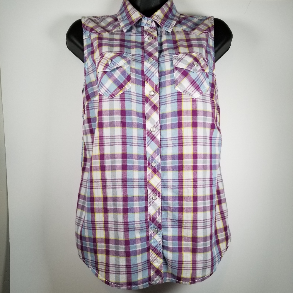 Plaid Sleeveless Western Shirt, Size S